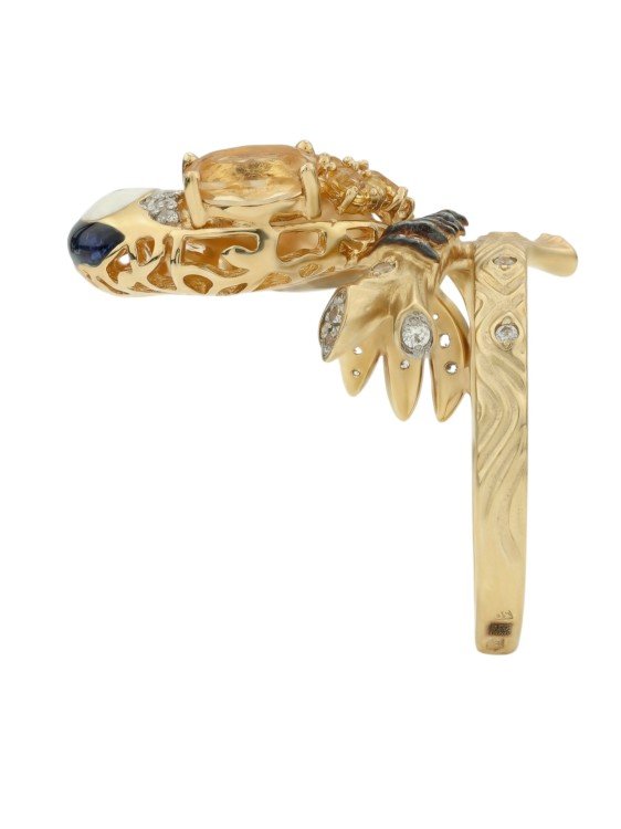 Кольцо из лимонного золота c эмаль , фианитом, цитрином и сапфиром