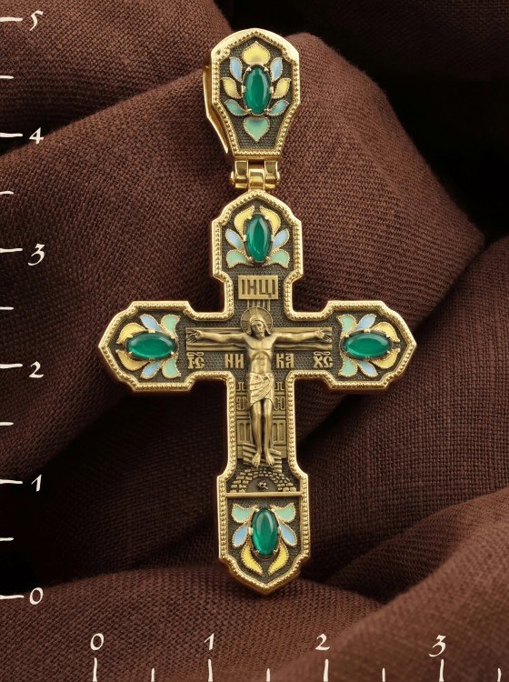 Крест из лимонного золота c эмаль и хризопразом