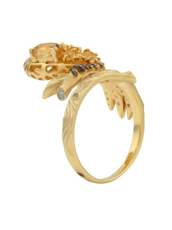 Кольцо из лимонного золота c эмаль , фианитом, цитрином и сапфиром