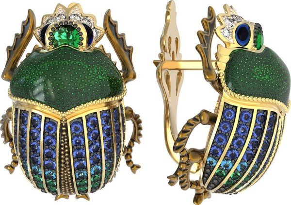 Серьги из лимонного золота c эмалью, фианитом и турмалином