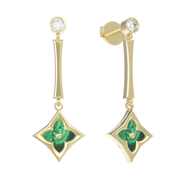 Серьги из лимонного золота c фианитом и малахитом
