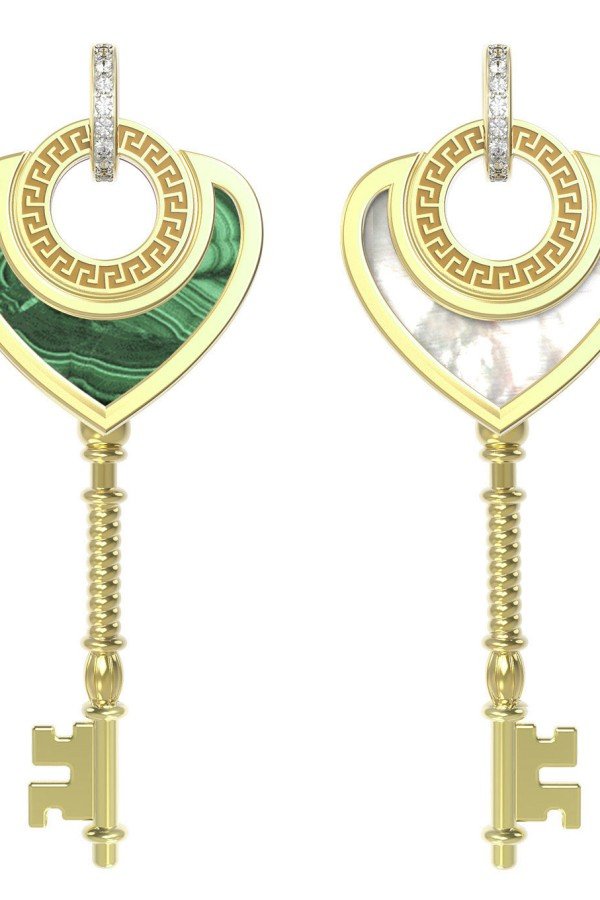 Подвеска из лимонного золота 585 пробы c фианитом, малахитом и перламутром