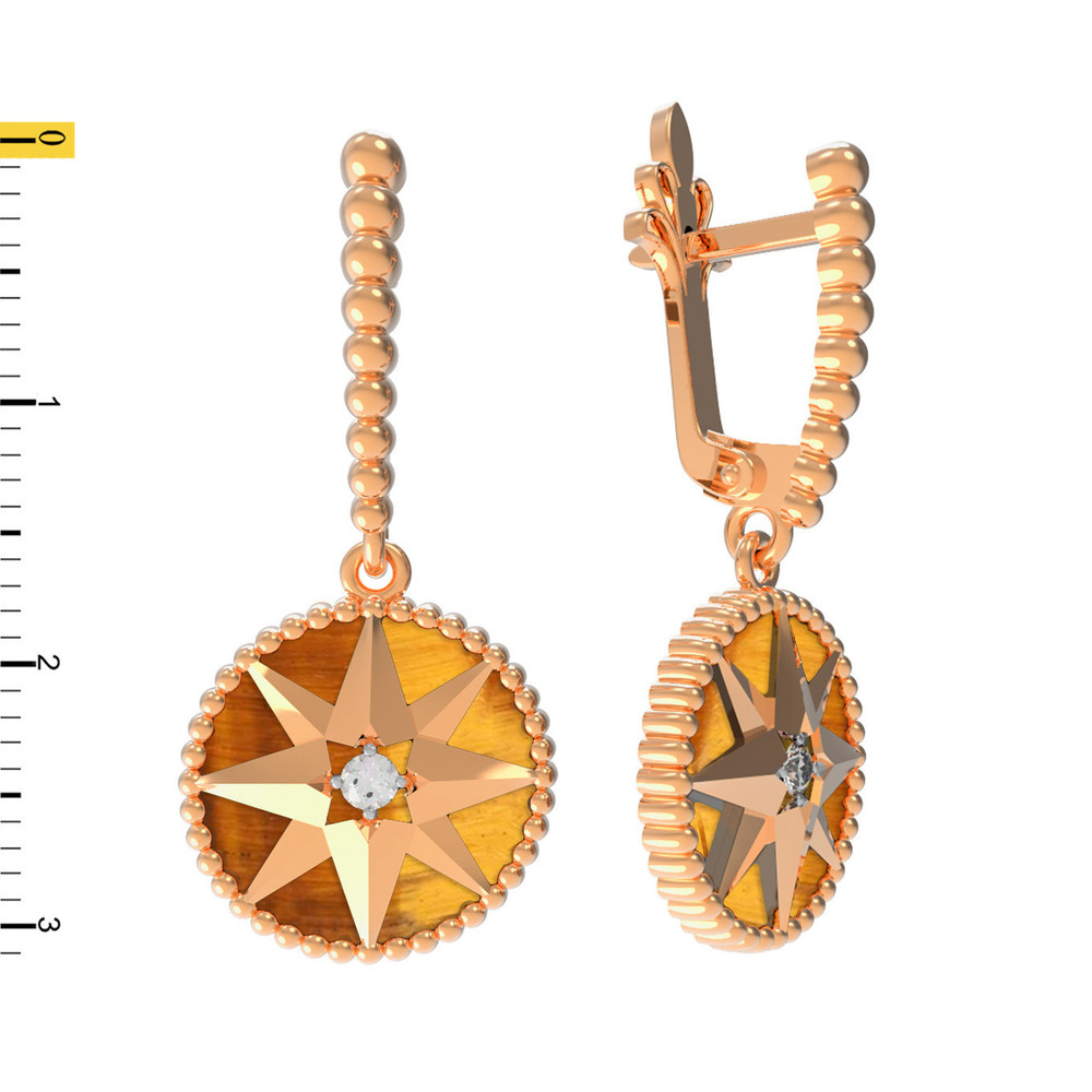 Серьги из золота c фианитом и тигровым глазом