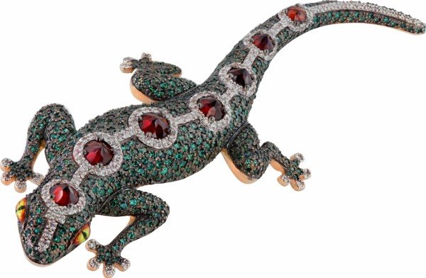 Брошь из золота 585 пробы c эмалью, фианитом и гранатом