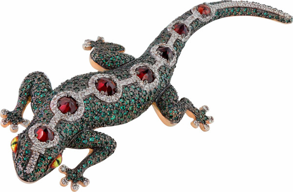 Брошь из золота c эмаль , фианитом и гранатом