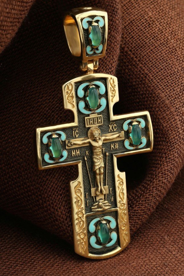 Крест из лимонного золота c эмаль и хризопразом