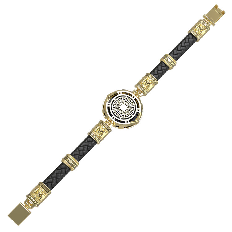 Браслет из лимонного золота c эмаль , шнурком, ониксом и рубином