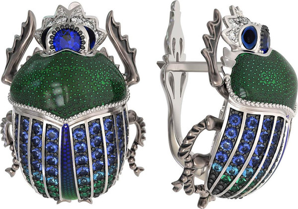 Серьги из белого золота c эмаль , фианитом и сапфиром