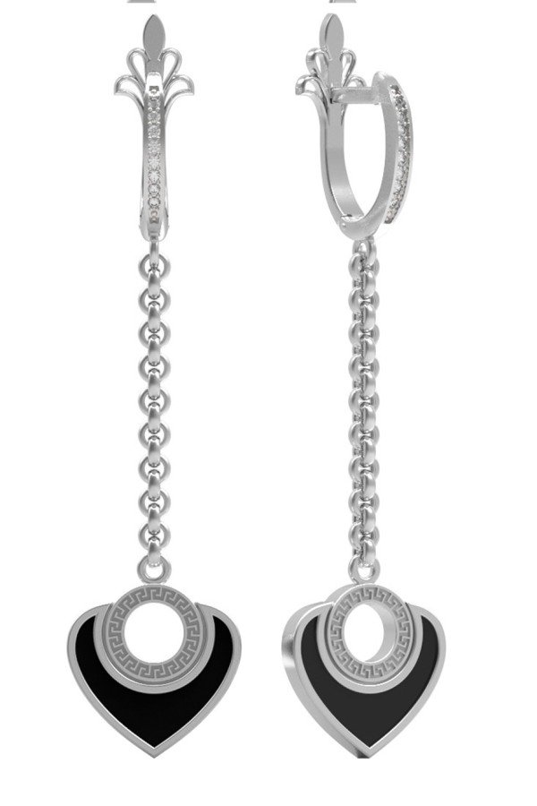 Серьги из белого золота 585 пробы c фианитом и ониксом