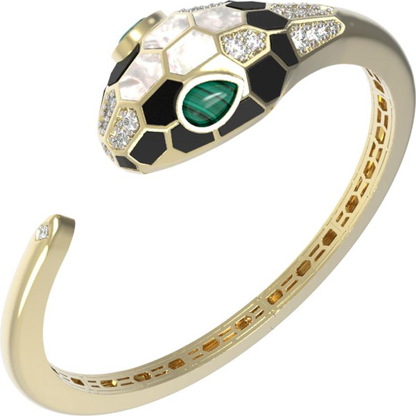 Браслет из лимонного золота c бриллиантами, рубином, ониксом, малахитом и перламутром