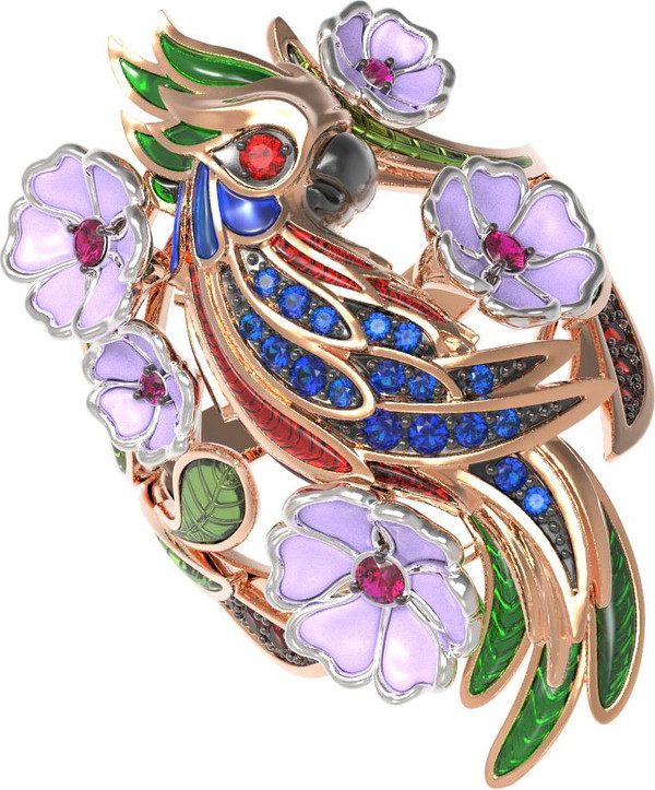 Кольцо из золота c эмаль , рубином и сапфиром