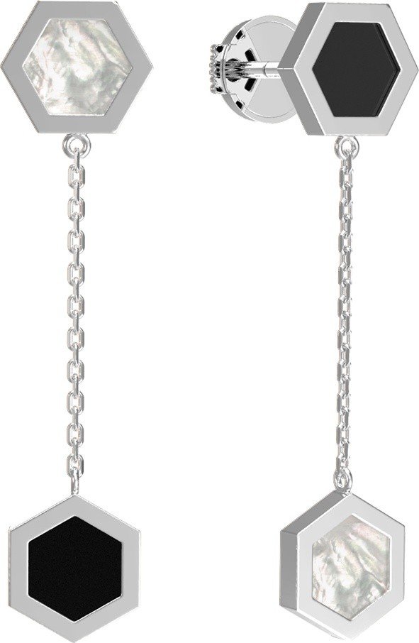 Серьги из белого золота c ониксом и перламутром