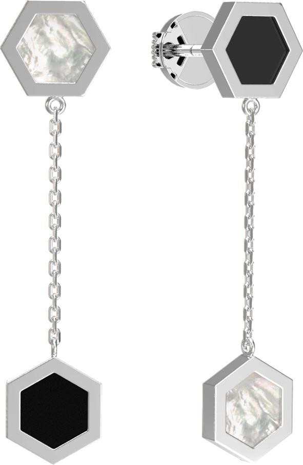 Серьги из белого золота c ониксом и перламутром