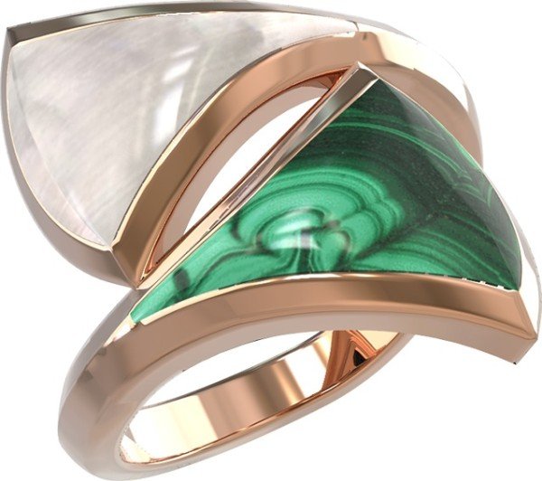 Кольцо из золота 585 пробы c малахитом и перламутром