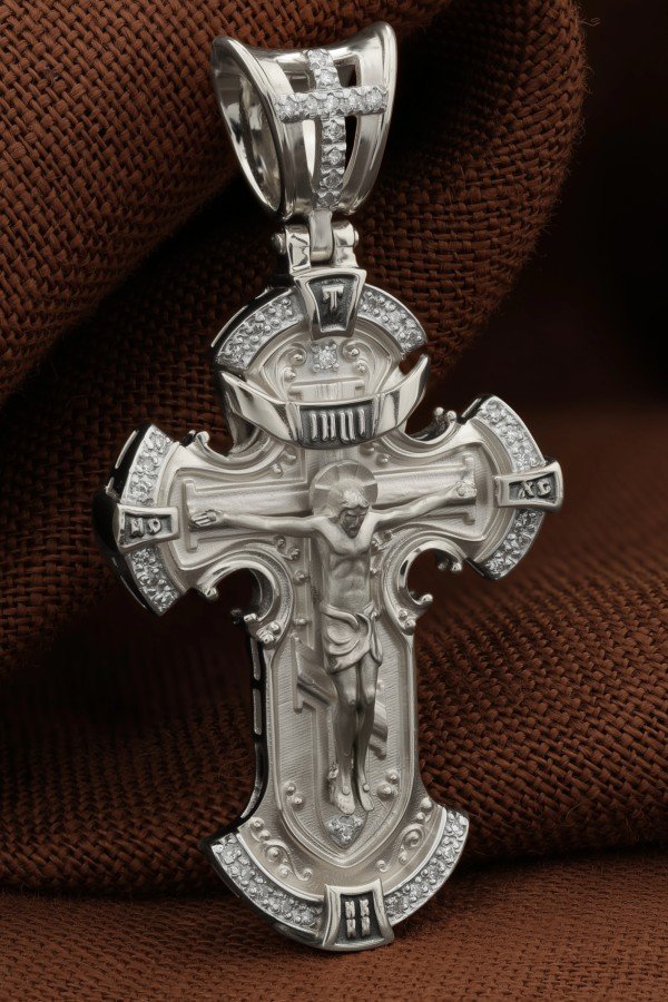 Крест из белого золота 585 пробы c бриллиантами