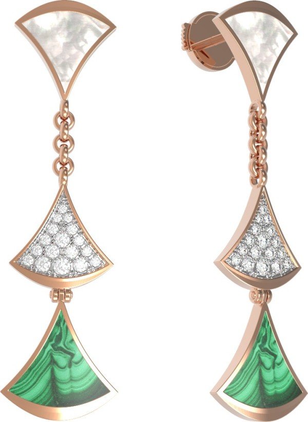 Серьги из золота c бриллиантами, малахитом и перламутром