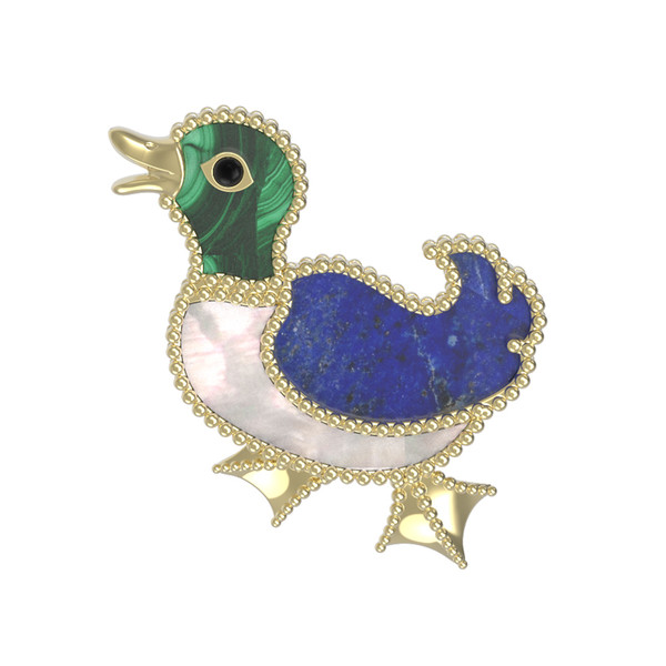 Брошь из лимонного золота c эмаль , лазуритом, малахитом и перламутром