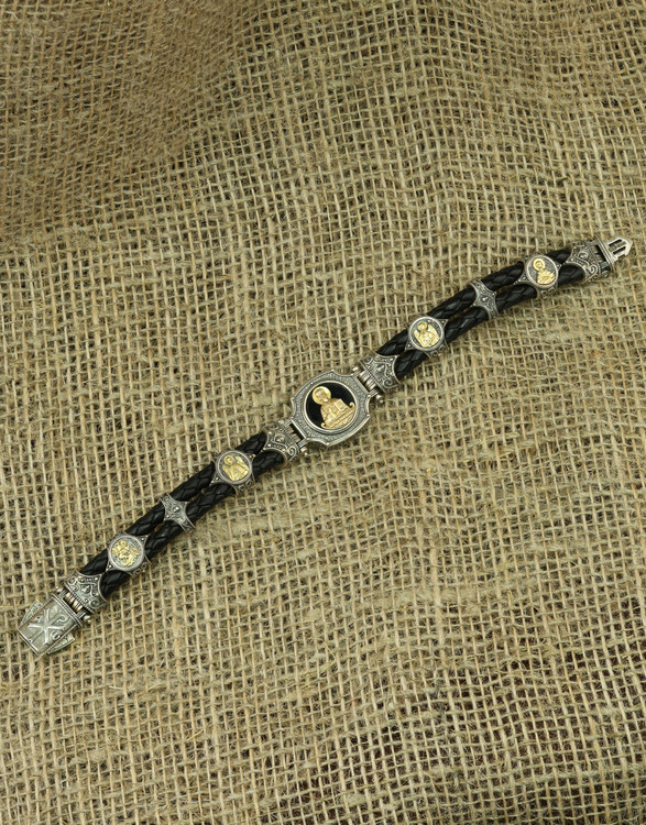 Браслет из серебра и золота c кожаным шнурком и ониксом