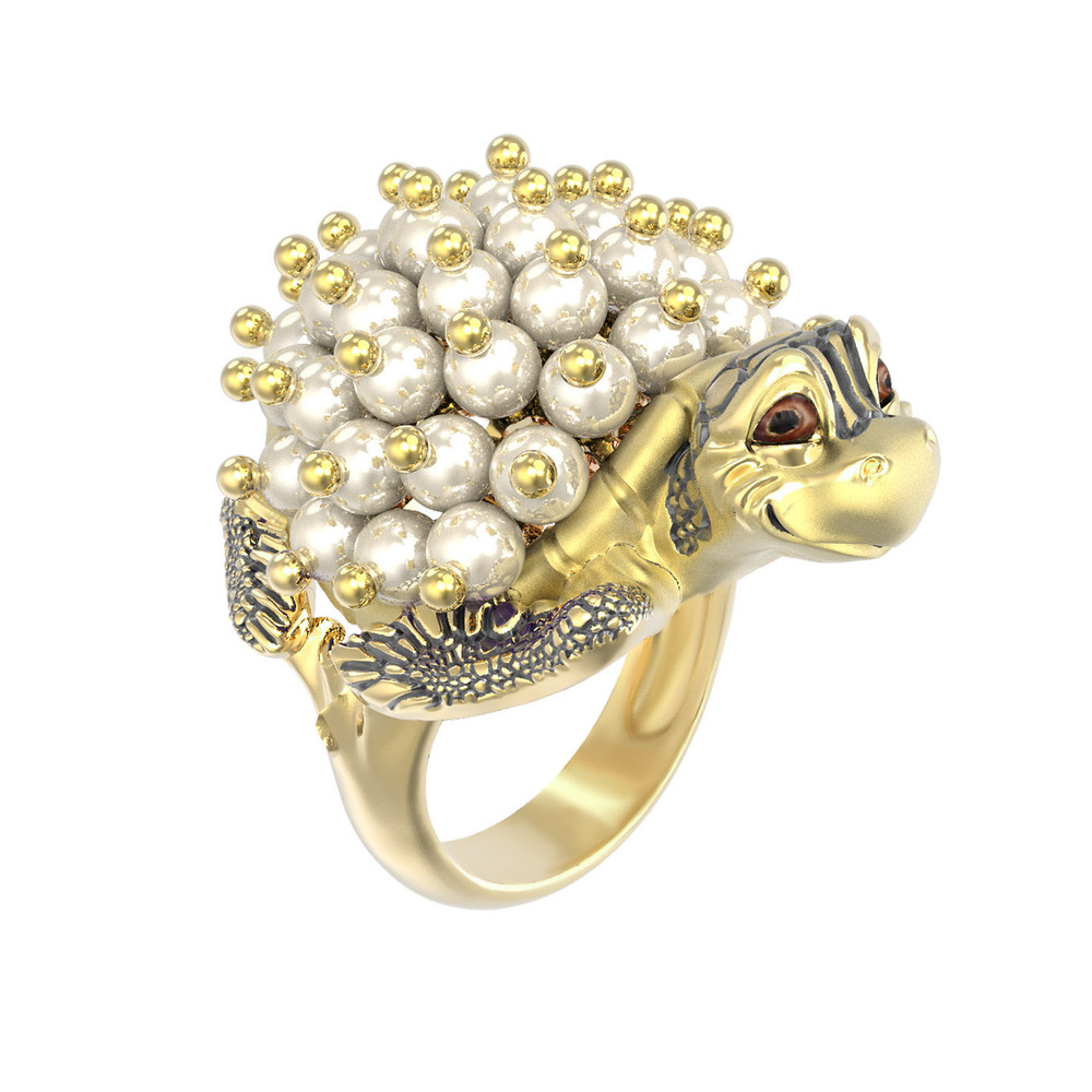 Кольцо из лимонного золота c эмаль и жемчугом