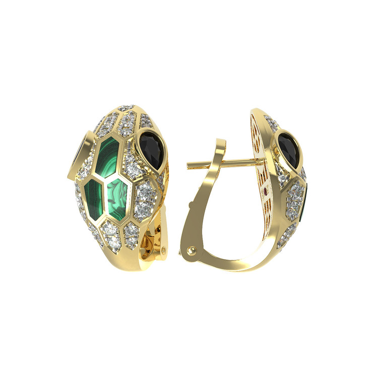Серьги из лимонного золота c бриллиантами, сапфиром и малахитом