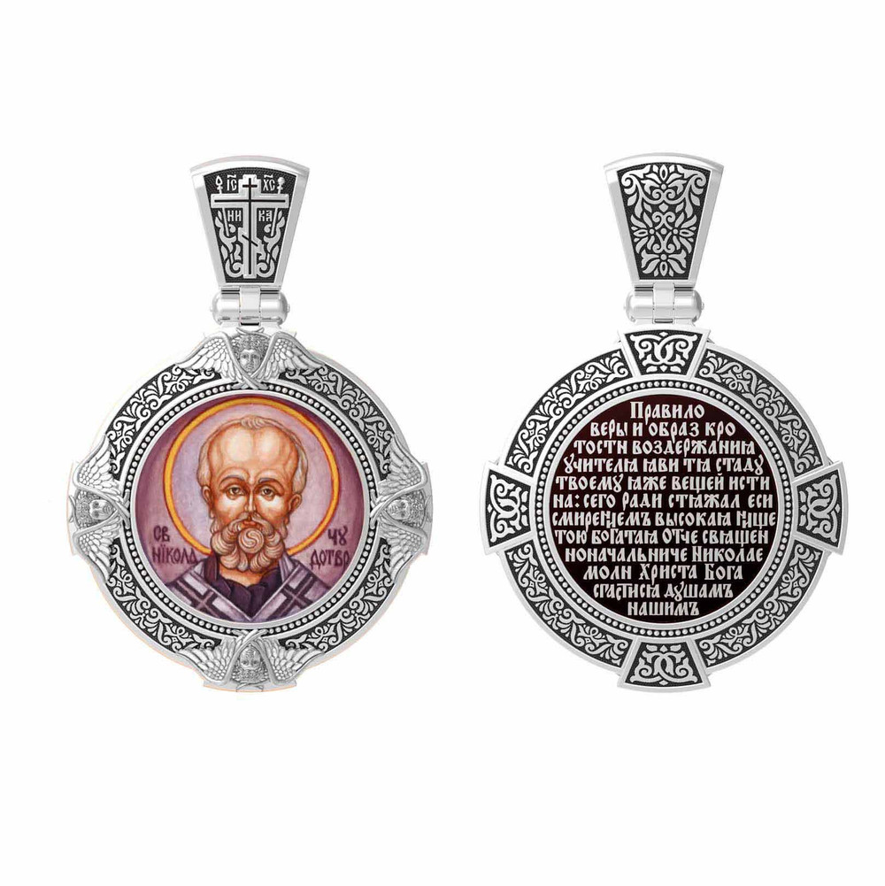 Образок из белого золота c эмаль , иконописью и темперой