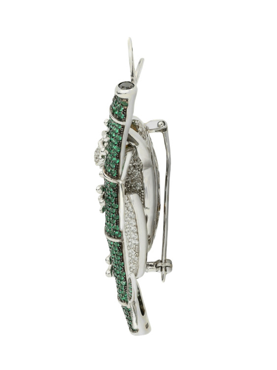 Брошь из белого золота c эмаль , фианитом и дымчатым кварцем