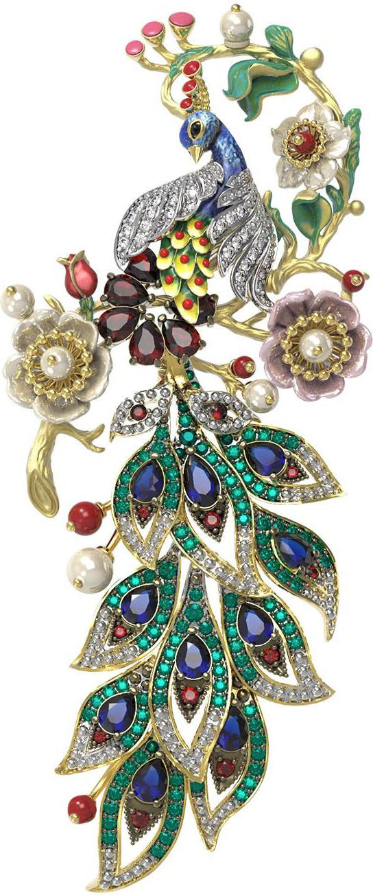 Брошь из лимонного золота c эмаль , фианитом, гранатом, жемчугом, сапфиром, кораллом и перламутром