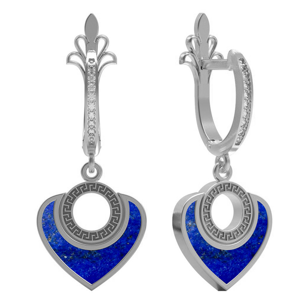 Серьги из белого золота c фианитом и лазуритом