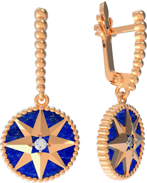 Серьги из золота c фианитом и лазуритом