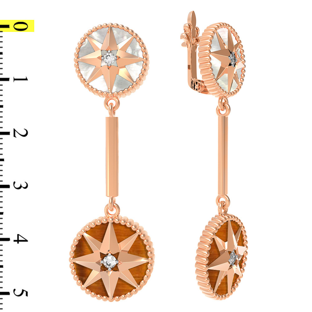 Серьги из золота c фианитом, тигровым глазом и перламутром