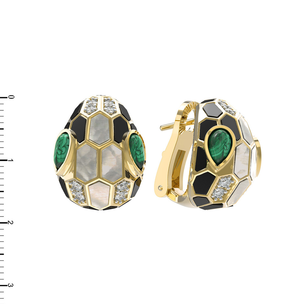 Серьги из лимонного золота c бриллиантами, рубином, ониксом, малахитом и перламутром
