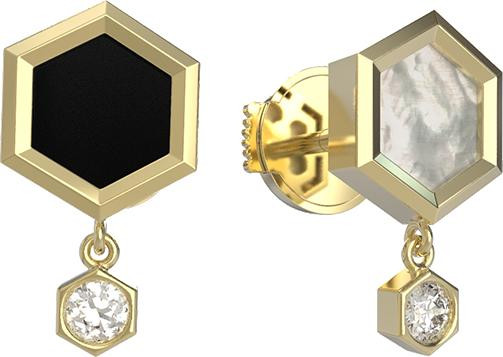 Серьги из лимонного золота c бриллиантами, ониксом и перламутром