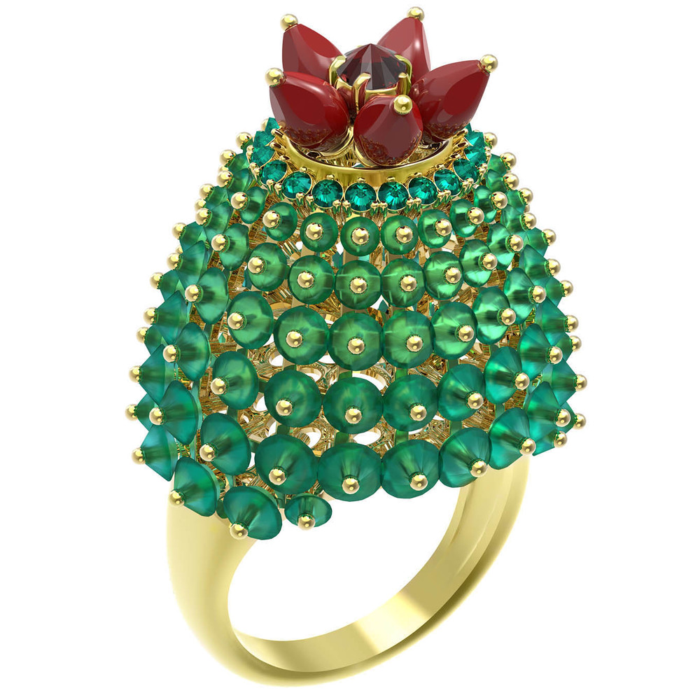 Кольцо из лимонного золота c гранатом, хризопразом, изумрудом и кораллом