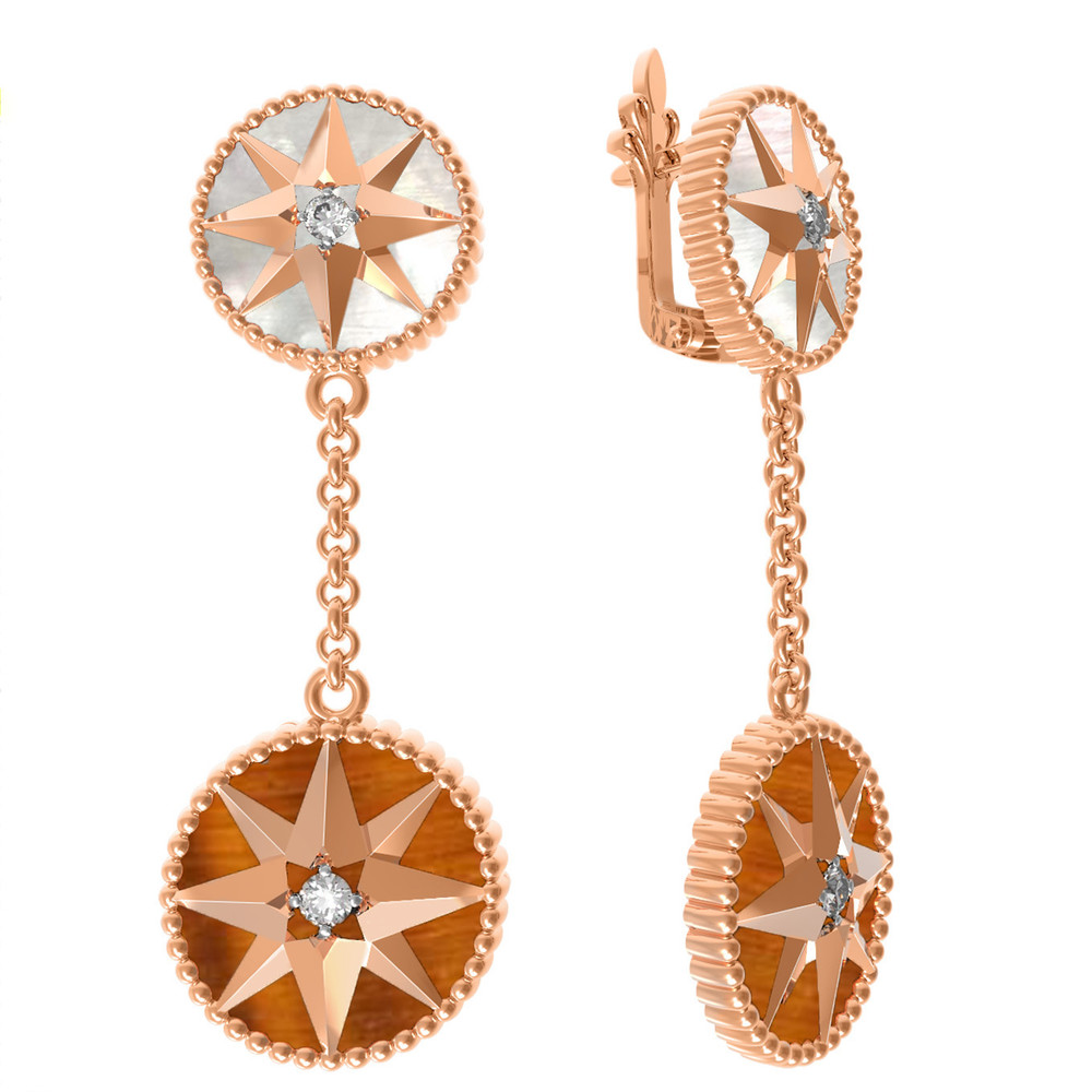 Серьги из золота c фианитом, тигровым глазом и перламутром