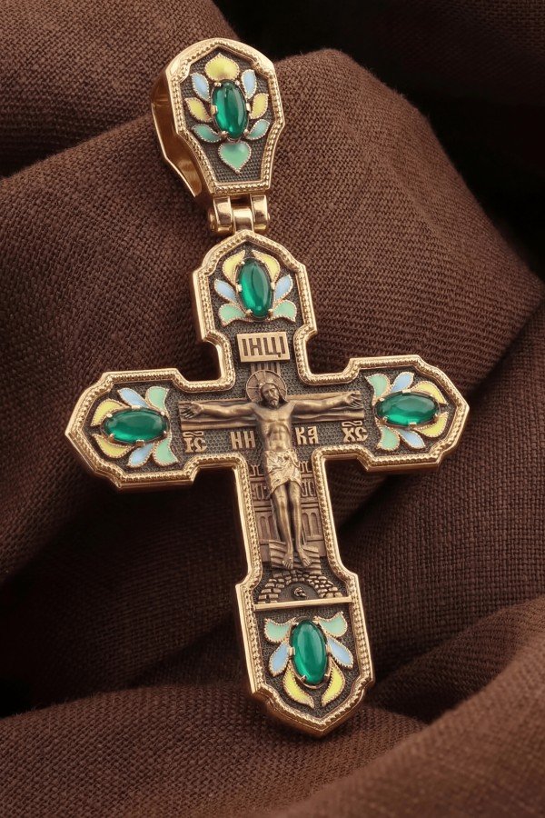 Крест из золота c эмаль и хризопразом