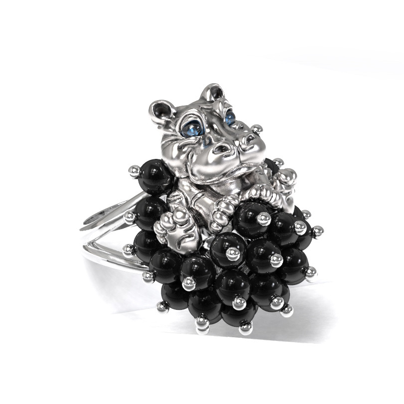 Кольцо из белого золота c эмаль и ониксом