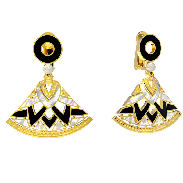 Серьги из лимонного золота c жемчугом, ониксом и перламутром