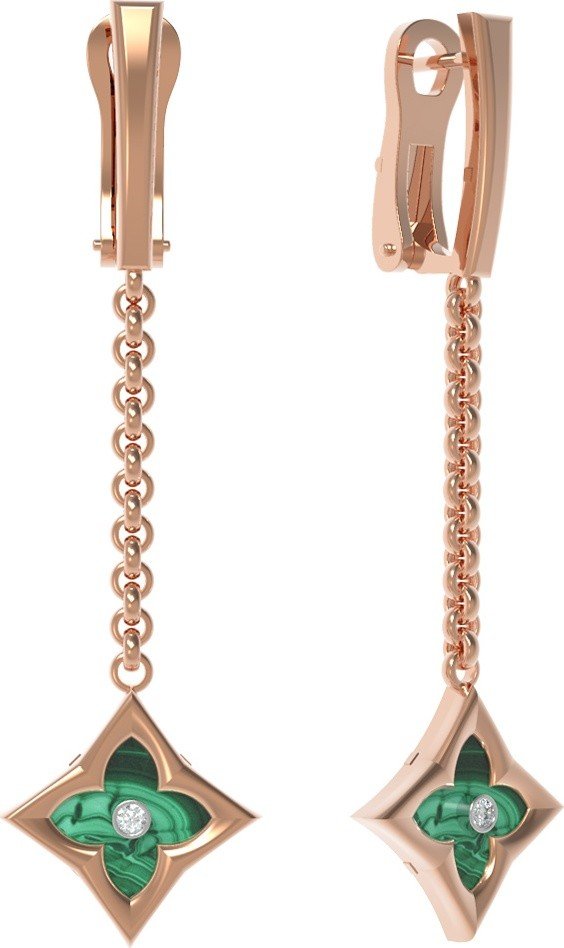 Серьги из золота c бриллиантами и малахитом