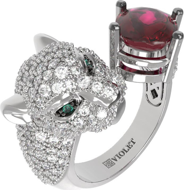 Кольцо из белого золота c бриллиантами, рубином и изумрудом