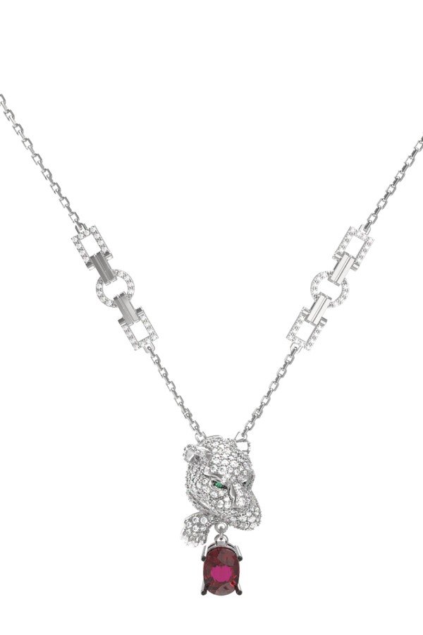 Колье из белого золота 585 пробы c бриллиантами, рубином и изумрудом