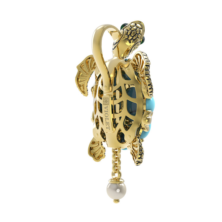 Подвеска из лимонного золота c эмаль , жемчугом и бирюзой