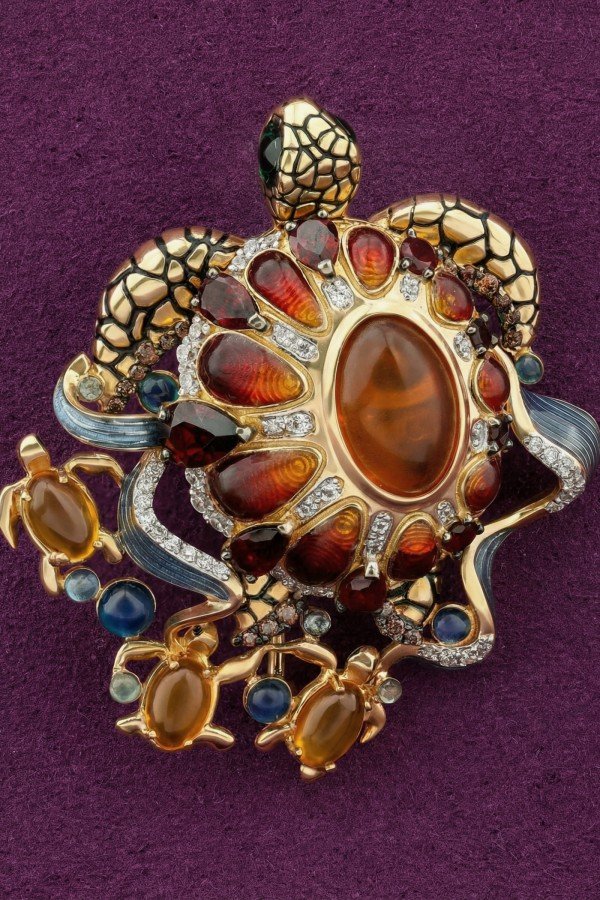 Брошь из лимонного золота c эмалью, фианитом, гранатом и янтарём