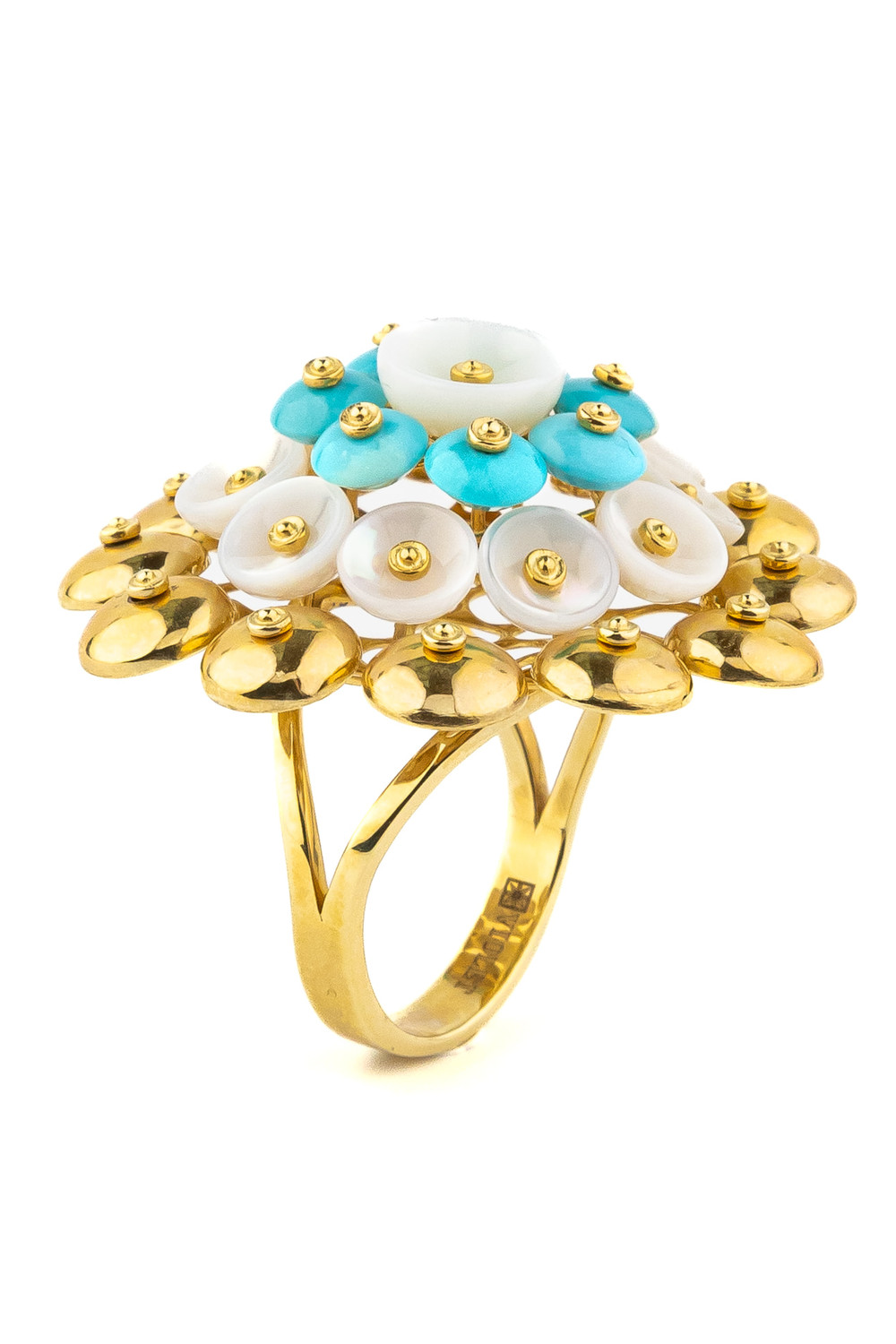 Кольцо из лимонного золота c бирюзой и перламутром