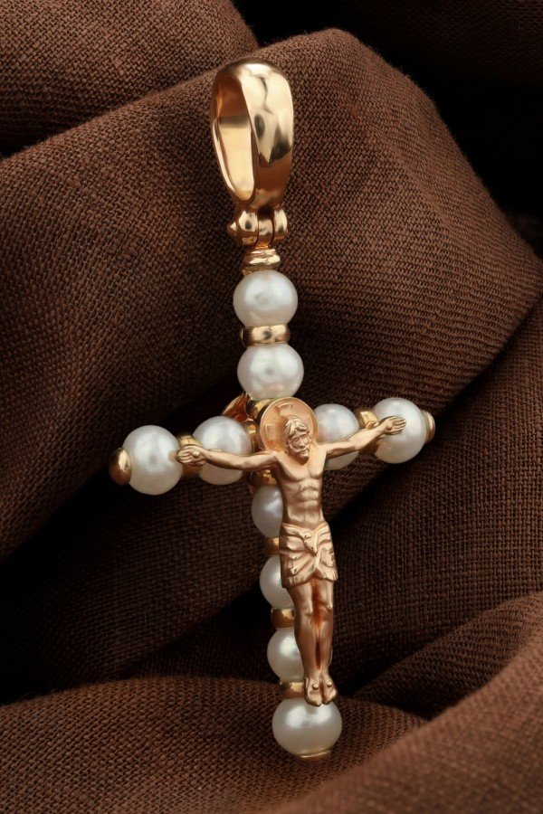 Крест из золота 585 пробы c жемчугом