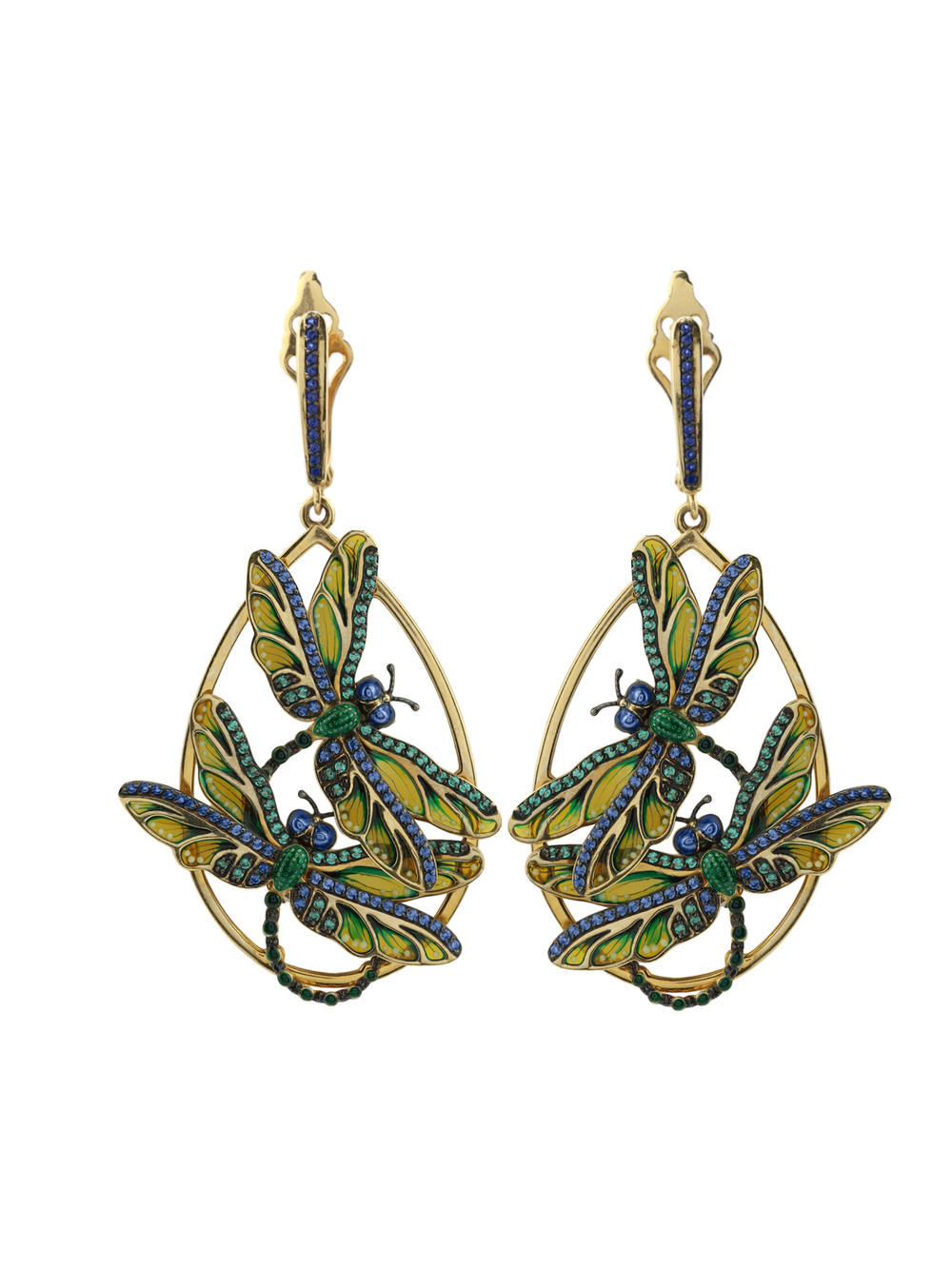 Серьги из лимонного золота c сапфиром, изумрудом и эмалью