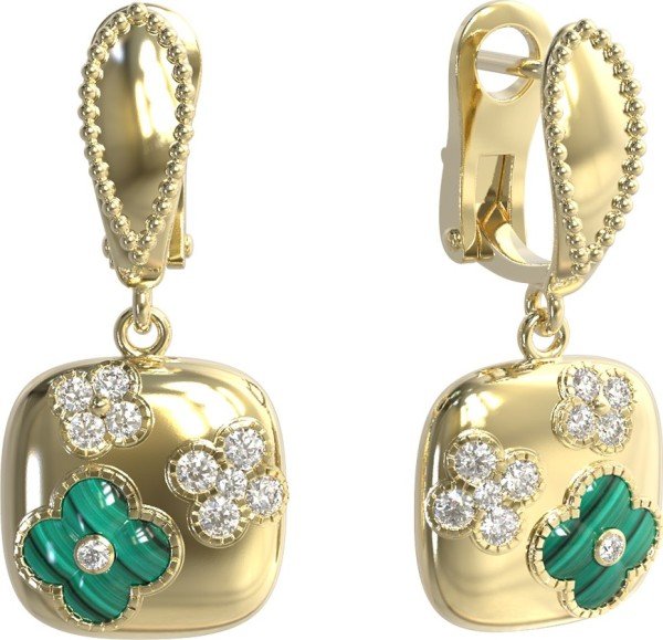 Серьги из лимонного золота c бриллиантами и малахитом