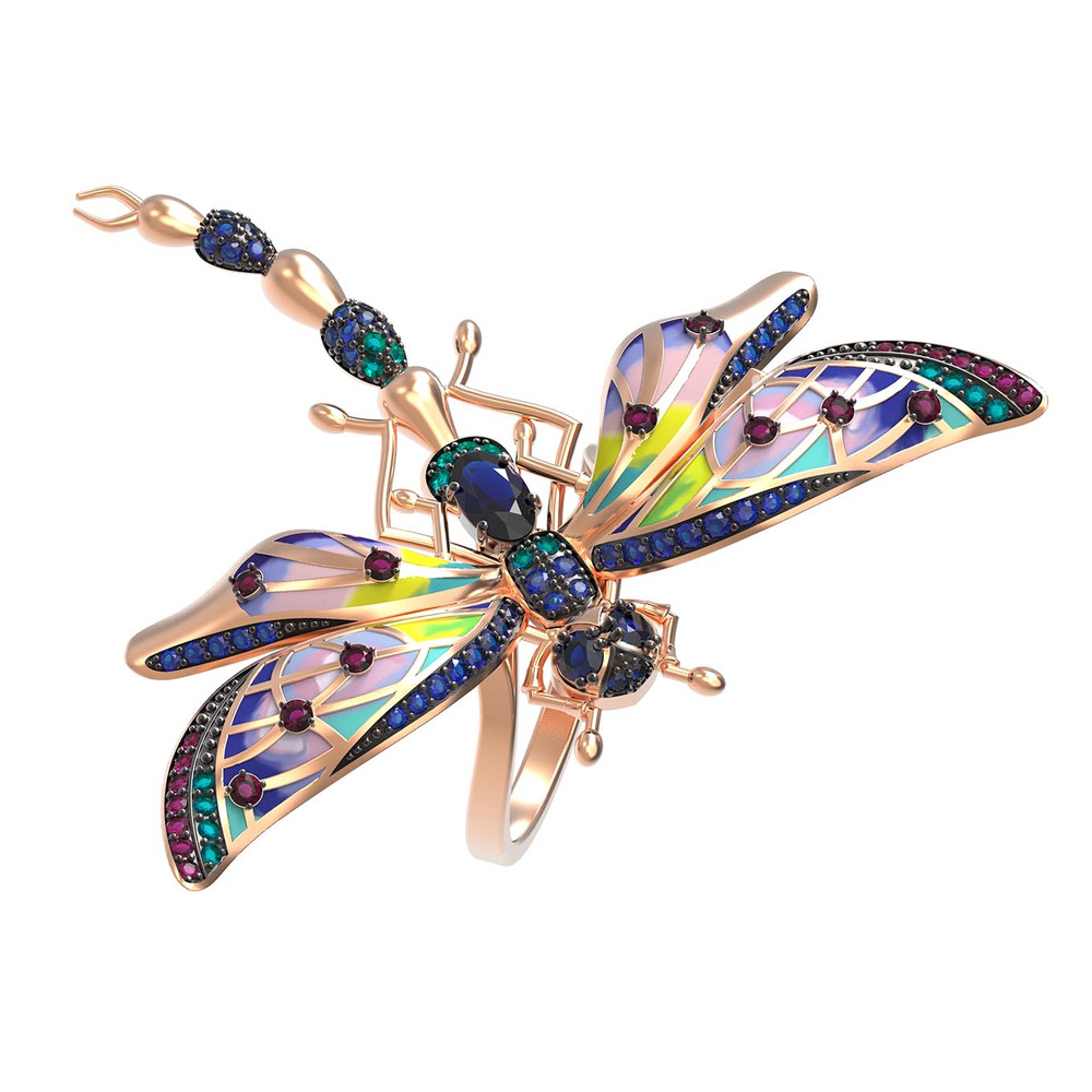 Кольцо из золота c фианитом, рубином, сапфиром и эмалью