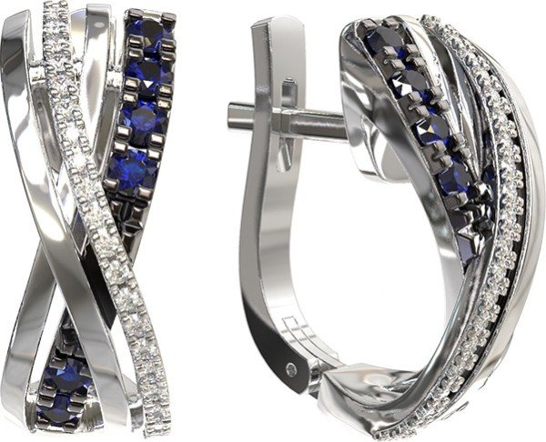 Серьги из белого золота 585 пробы c бриллиантами и сапфиром