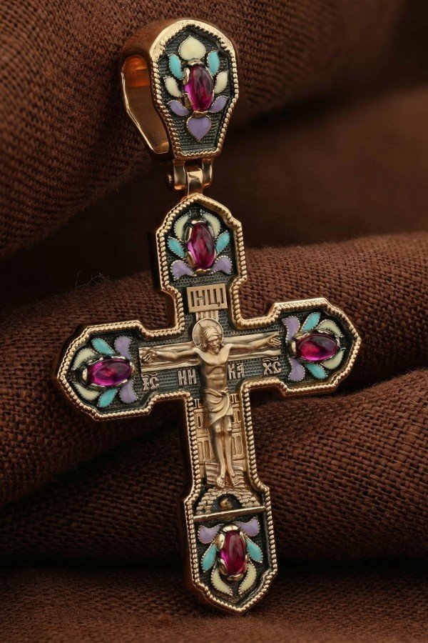 Крест из золота 585 пробы c эмалью и рубином