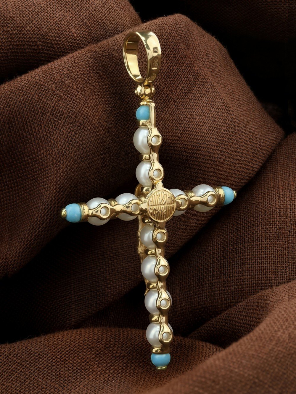Крест из лимонного золота c жемчугом и бирюзой